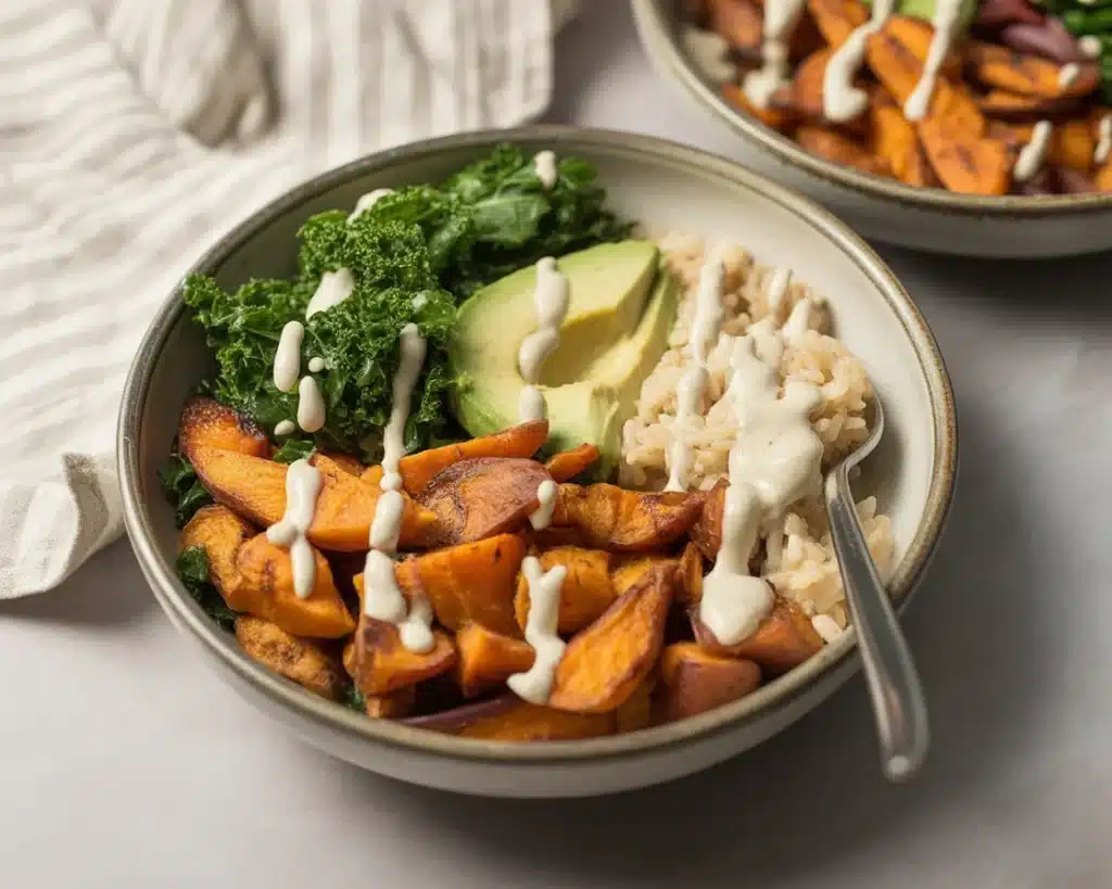 Delicious chicken sweet potato bowl topped with roasted veggies and chipotle sauce.