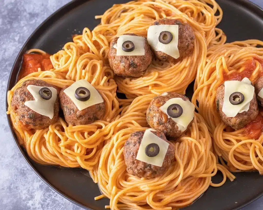 Spooky Spaghetti and Cheese Stuffed Meatballs served in a ghostly tomato sauce.