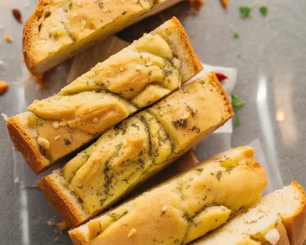 Deliciously crusty Sourdough Garlic Bread topped with garlic and herbs.