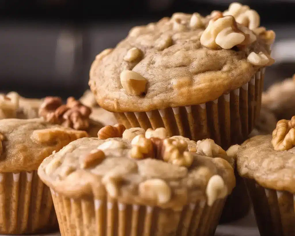 Plate of freshly baked sourdough banana muffins with ripe bananas and nuts.