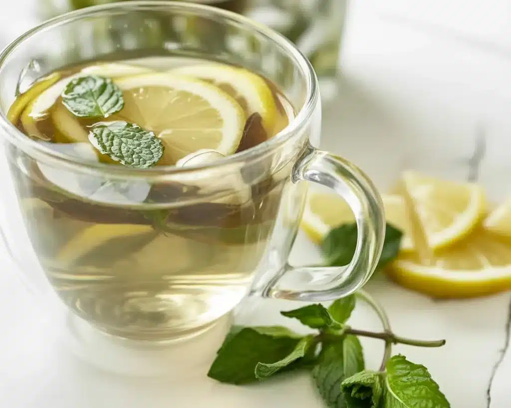 Cup of soothing Japanese lemon balm tea with fresh leaves for relaxation.