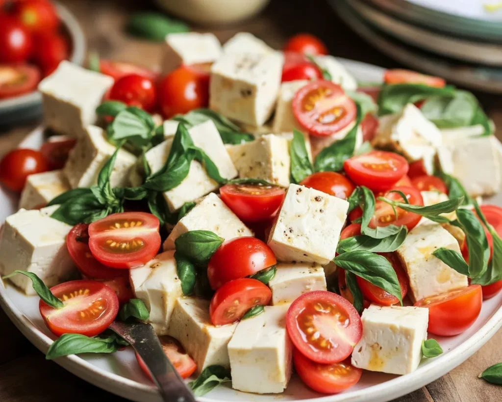 Vegan tofu caprese salad with marinated tofu, tomatoes, and fresh basil on a plate.