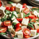 Vegan tofu caprese salad with marinated tofu, tomatoes, and fresh basil on a plate.