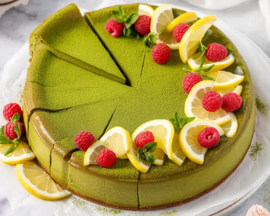 Deliciously creamy Matcha Cheesecake with vibrant green tea flavor and a buttery crust.