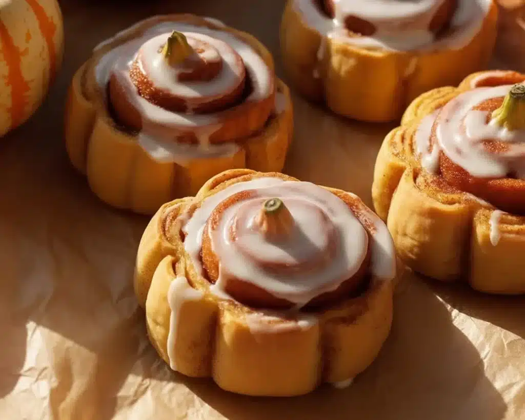 Delicious pumpkin cinnamon rolls with cream cheese icing on a rustic wooden table.