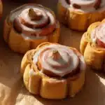 Delicious pumpkin cinnamon rolls with cream cheese icing on a rustic wooden table.