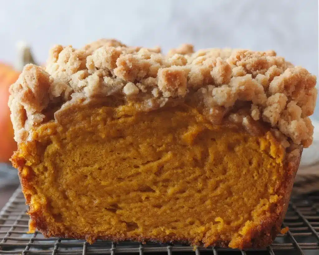 Moist Pumpkin Streusel Bread topped with a crunchy brown sugar streusel and maple glaze.