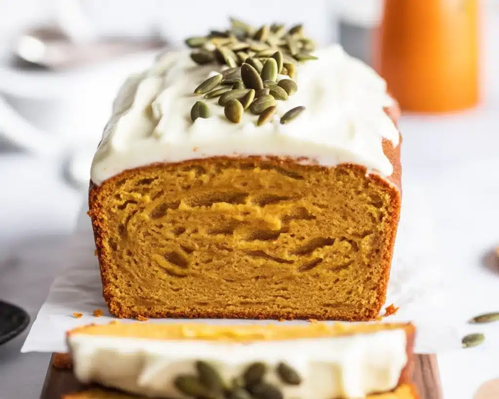 Moist and fragrant Spiced Pumpkin Loaf Cake displayed on a rustic wooden table.