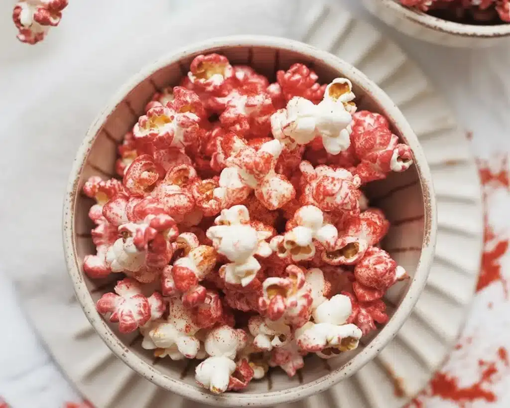 Bowl of Bloody Red Velvet Popcorn drizzled with white chocolate and red syrup.