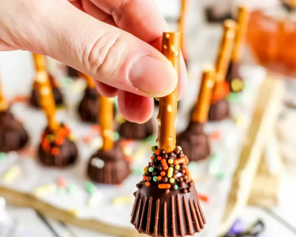 Halloween Witch's Brooms made with cheese sticks and pretzel sticks.