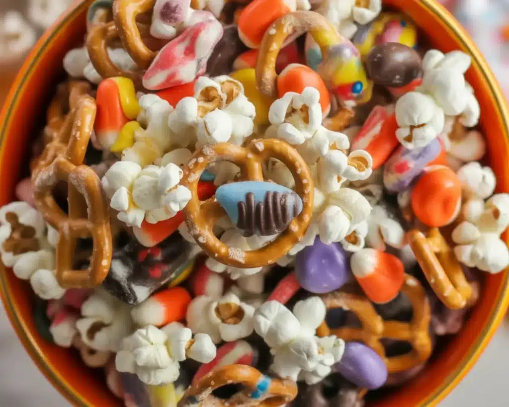 Spooky Sweet Halloween Popcorn Mix with candy corn, pretzels, and festive sprinkles.