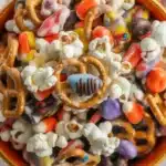 Spooky Sweet Halloween Popcorn Mix with candy corn, pretzels, and festive sprinkles.