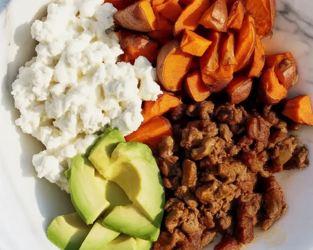 High-protein sweet potato cottage cheese bowl with ground beef and avocado.
