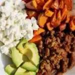 High-protein sweet potato cottage cheese bowl with ground beef and avocado.