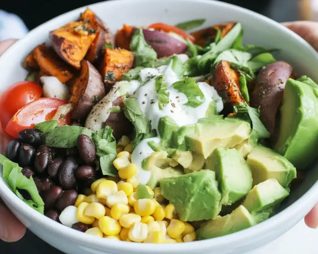 Sweet potato taco bowl topped with zesty meat, black beans, and fresh veggies.