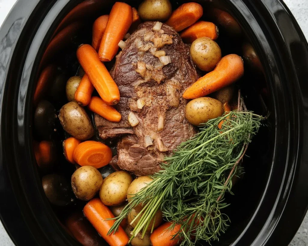 Close-up of easy crockpot meals including baked ziti and honey garlic chicken.