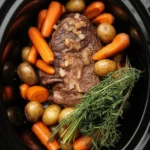 Close-up of easy crockpot meals including baked ziti and honey garlic chicken.