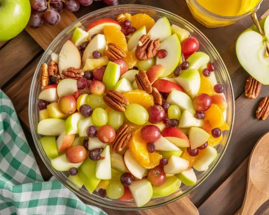 Apple fruit salad with spice dressing, featuring colorful fruits in a festive bowl.