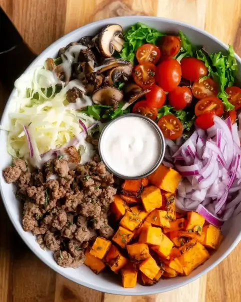 burger bowl with sweet potato