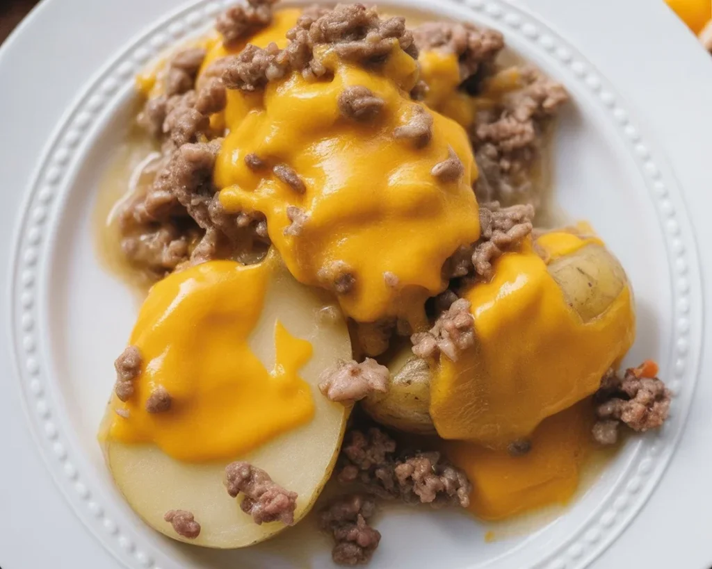 Crockpot Hamburger Potato Casserole with ground beef and cheesy potatoes