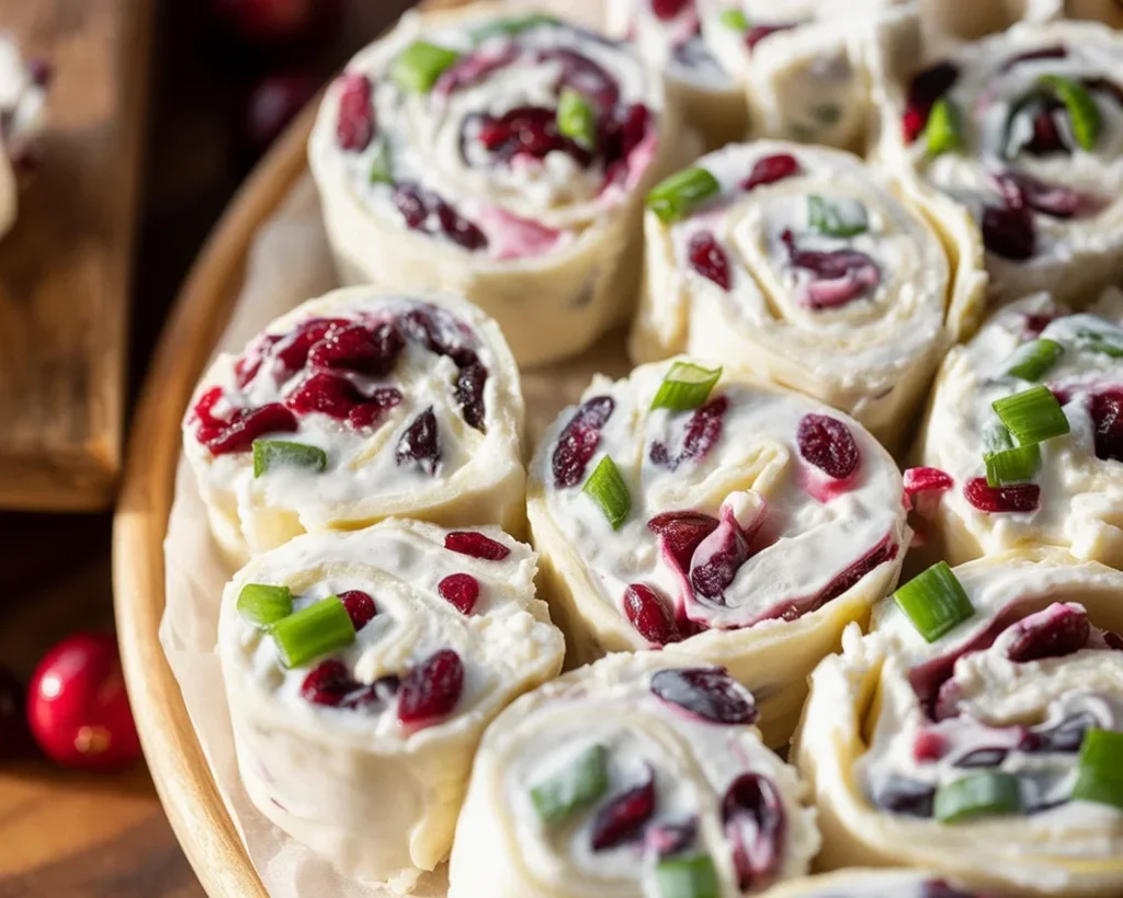 Cranberry Roll Ups filled with cream cheese, feta, and turkey, perfect for appetizers.
