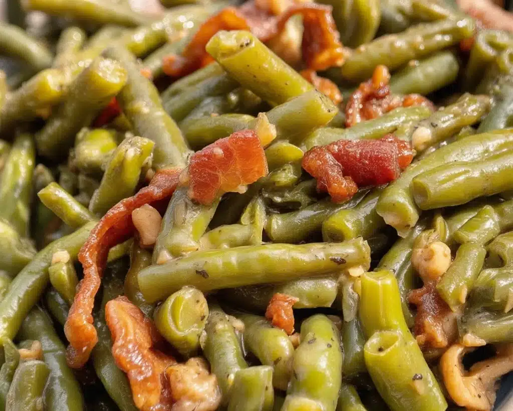 Delicious Crack Green Beans topped with crispy bacon and brown sugar glaze.