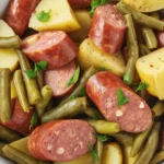 Crockpot Sausage and Green Beans with potatoes and spices in a slow cooker.
