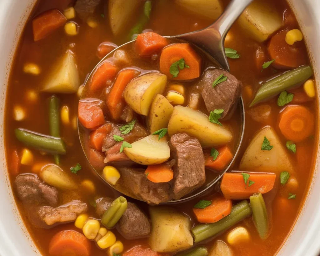 Crockpot Beef and Vegetable Soup in a bowl, garnished with fresh herbs.