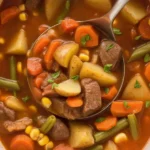 Crockpot Beef and Vegetable Soup in a bowl, garnished with fresh herbs.