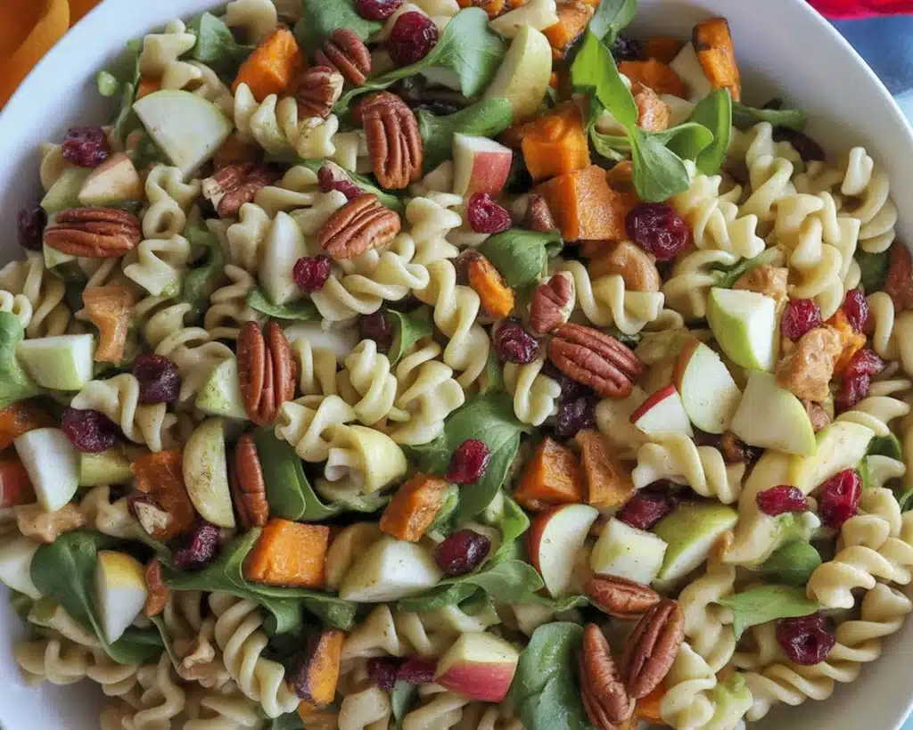 Colorful Fall Harvest Pasta Salad with roasted vegetables and cranberries