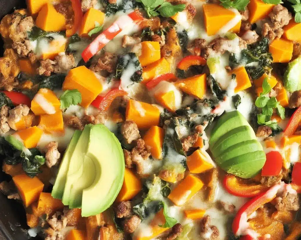 Ground turkey sweet potato bowl with colorful vegetables in a skillet