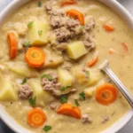 Bowl of rich and creamy Crockpot Cheeseburger Soup garnished with cheese and herbs.