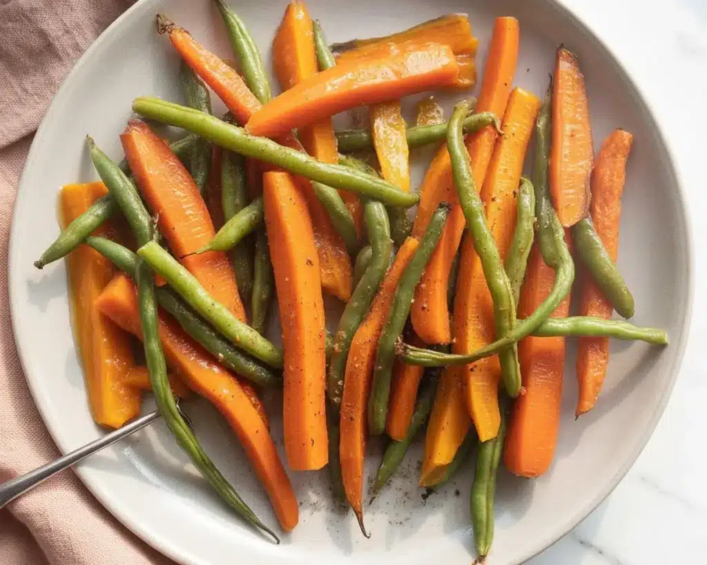 Honey Glazed Carrots and Green Beans roasted with olive oil and herbs.