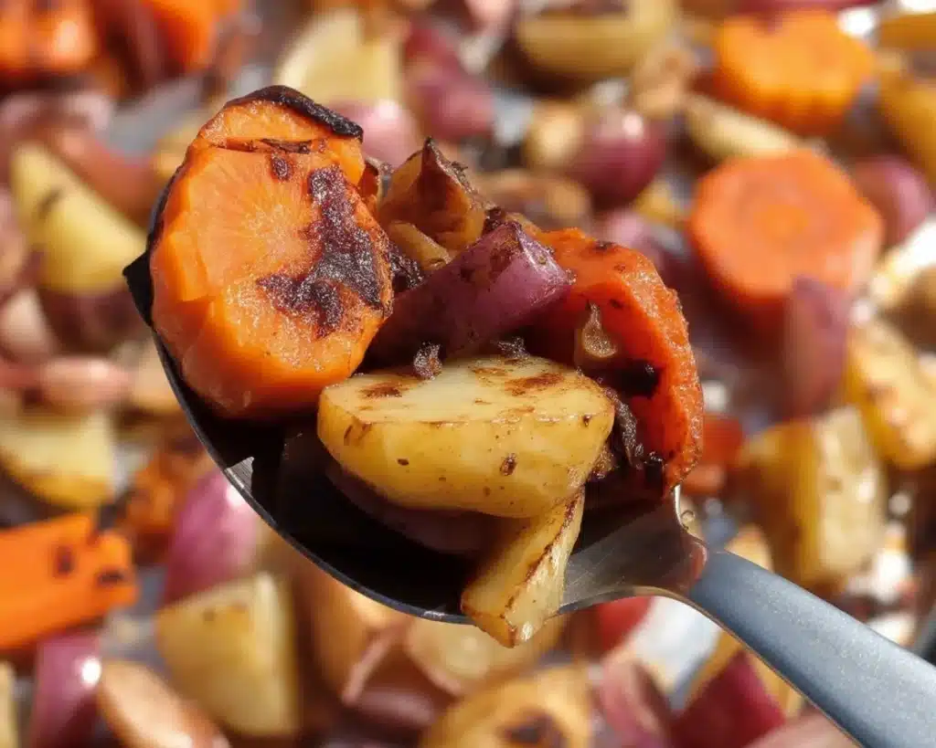 Maple Dijon Roasted Apples and Carrots served in a bowl, showcasing caramelized texture.