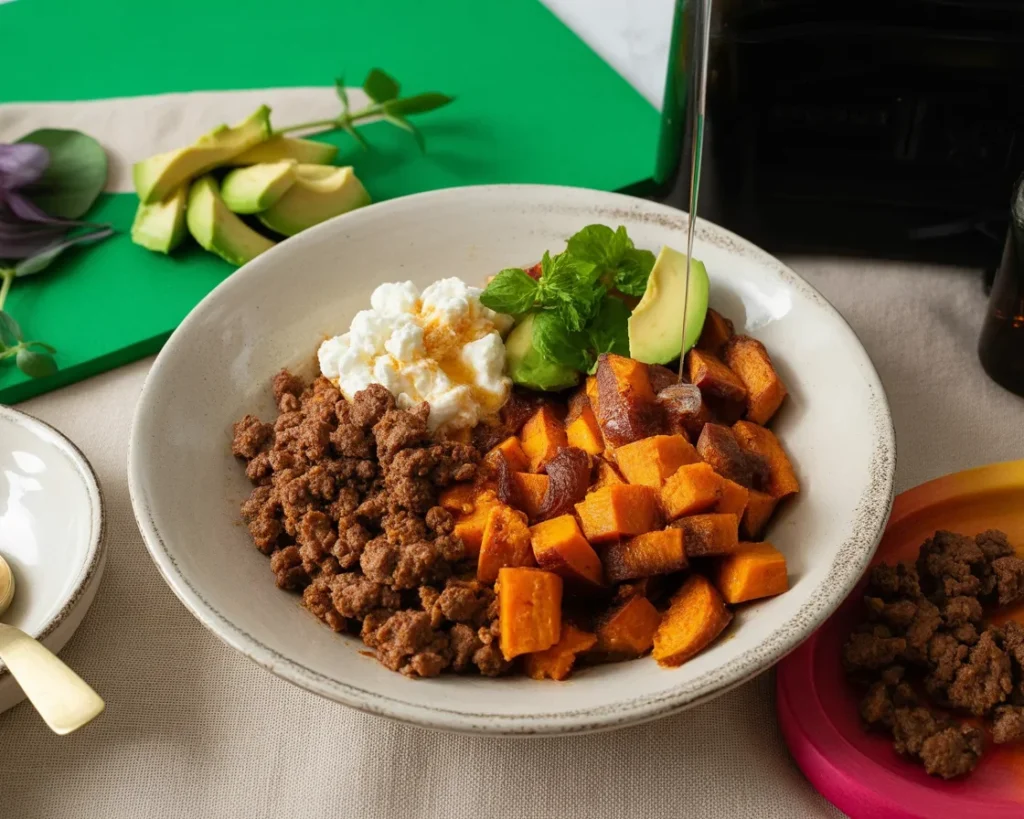 Delicious sweet potato hot honey bowl with ground beef, avocado, and spicy drizzle.