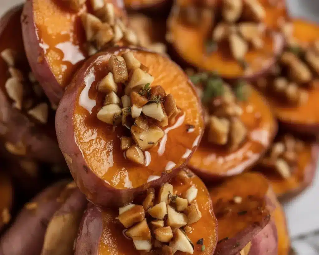 Roasted sweet potatoes topped with walnuts and maple syrup for a delicious side dish.