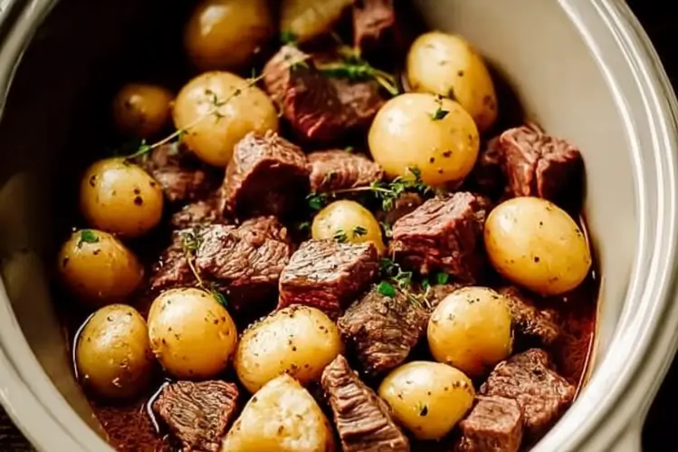 Slow Cooker Garlic Butter Beef Bites with potatos