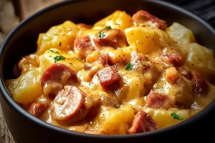 Slow Cooker Cheesy Potatoes and Kielbasa