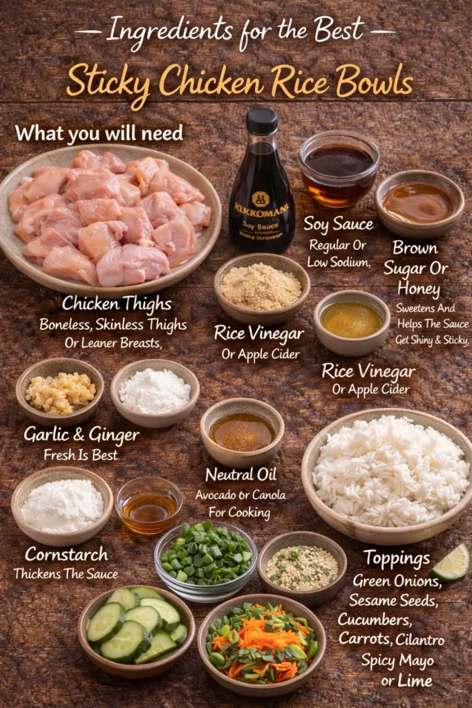 Ingredients for the Best Sticky Chicken Rice Bowls