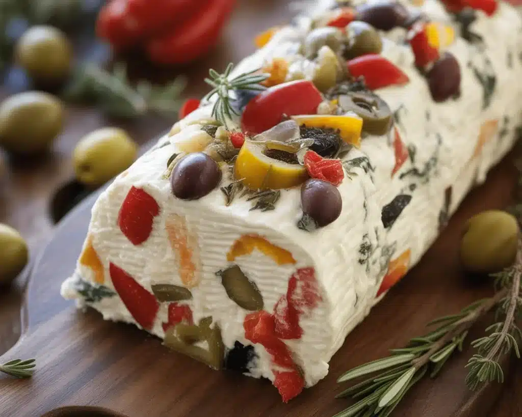 Antipasto Cream Cheese Log with salami, olives, and sun-dried tomatoes, perfect for Christmas appetizer.