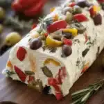 Antipasto Cream Cheese Log with salami, olives, and sun-dried tomatoes, perfect for Christmas appetizer.