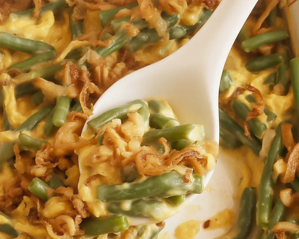 Delicious Campbells Green Bean Casserole topped with crispy fried onions.