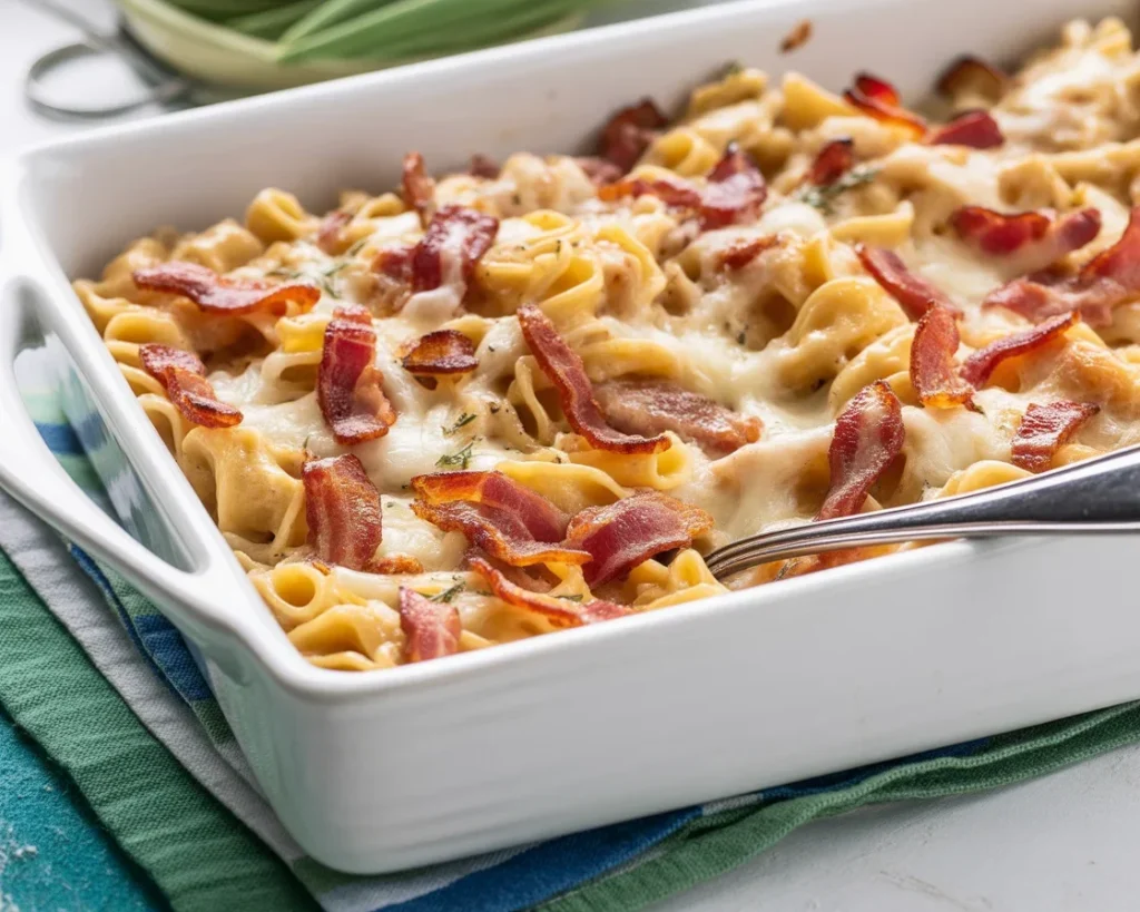 Delicious Crazy Good Casserole with chicken, bacon, and cheese served in a baking dish.