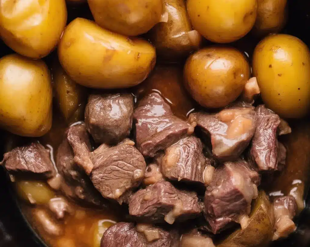 Crockpot Garlic Butter Beef Bites with Potatoes served on a plate