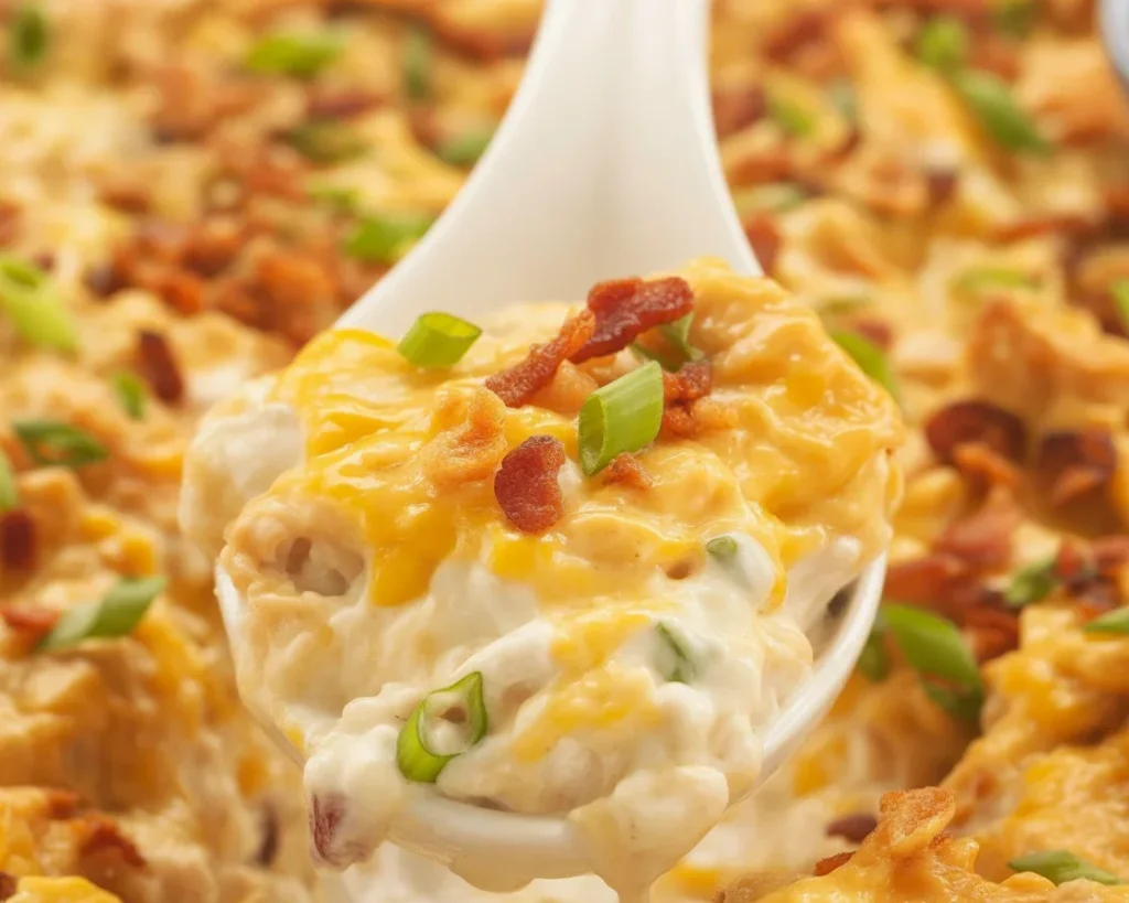 Creamy Million Dollar Chicken Casserole topped with buttery crackers