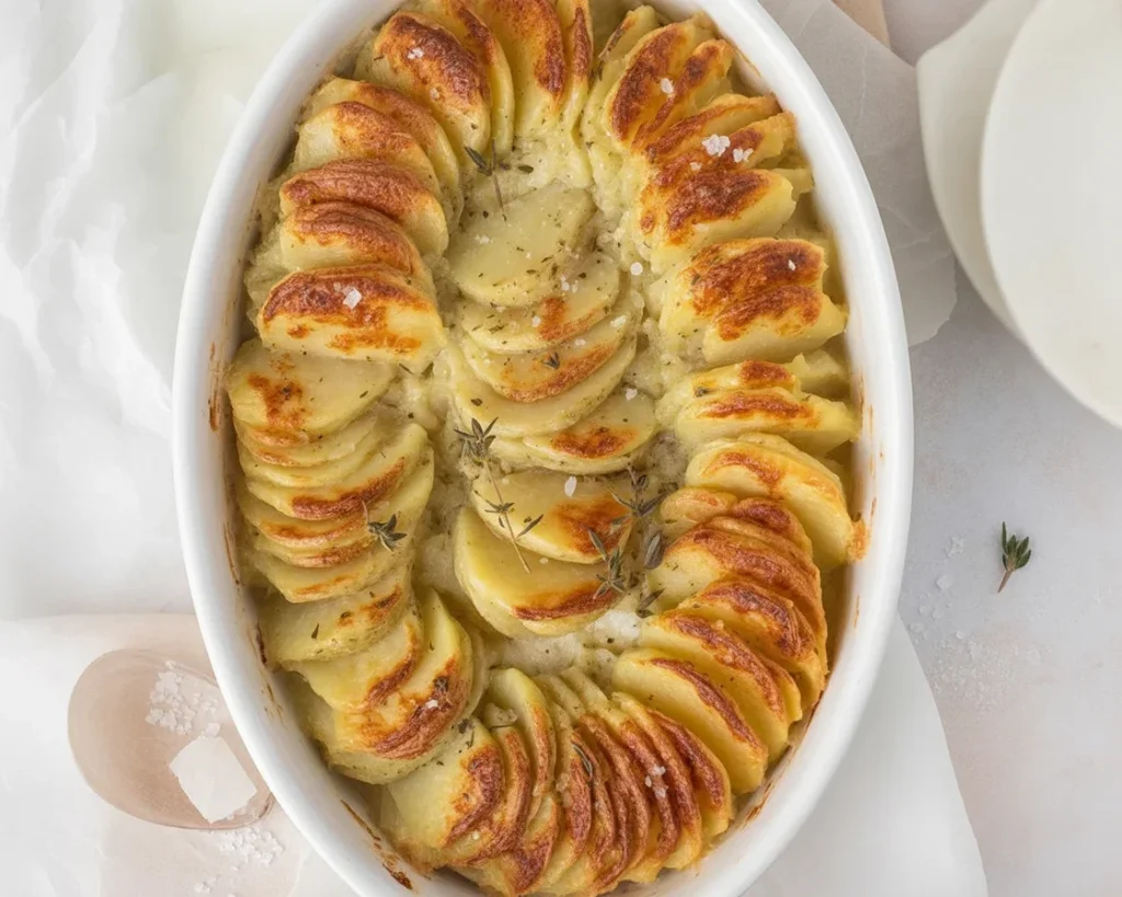 Golden creamy scalloped potatoes baked in a rich, cheesy sauce