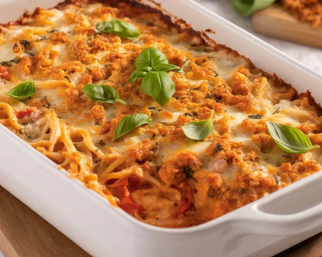 Delicious dump-and-bake chicken parmesan casserole with pasta and marinara sauce.