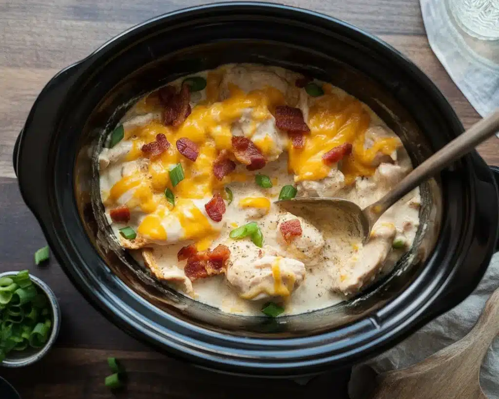 Delicious creamy Crack Chicken made with ranch, cheese, and bacon in a slow cooker.