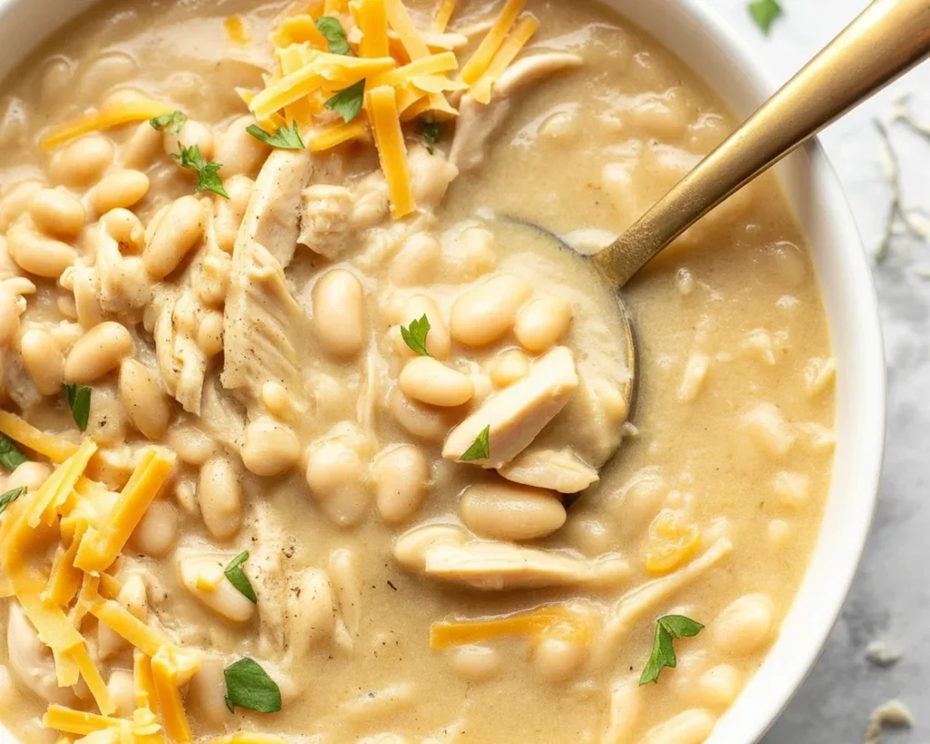 Delicious Easy White Chicken Chili with tender chicken, creamy broth, and white beans.