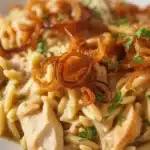 French Onion Chicken Orzo Casserole with caramelized onions and melted cheese